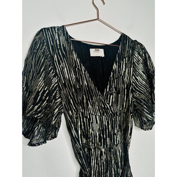 BA&SH Black Gold Metallic V-Neckline Nixon Short Sleeve Maxi Dress Size US 6 - Picture 12 of 16